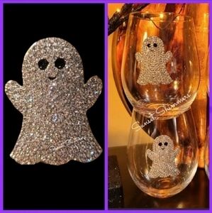 2pc Halloween GHOST Silver Crystal Rhinestone Stemless Wine Glass Set New